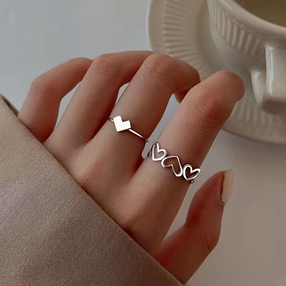 2pc Open Heart Silver Ring Set Adjustable Fashion Jewelry Dainty Feminine New